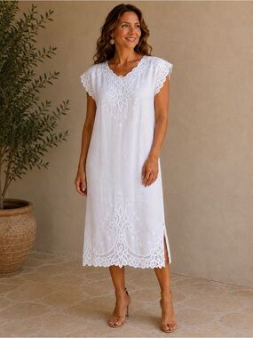 Vintage 90s Le Kartier Linen Lace Embroidered Midi Dress NWT